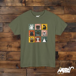 Retro Stamp Cat Grid T-Shirt: Kawaii Nine Cats Graphic Military Green