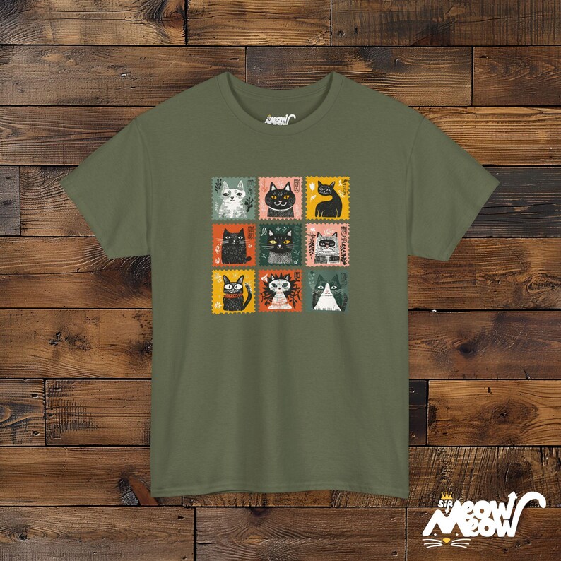 Retro Stamp Cat Grid T-Shirt: Kawaii Nine Cats Graphic Military Green