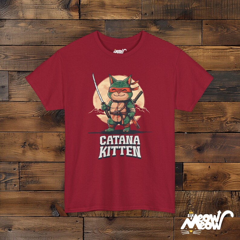 Ninja Cat T-Shirt, Samurai Kitten Graphic, Funny Cat Lover Gift Cardinal Red