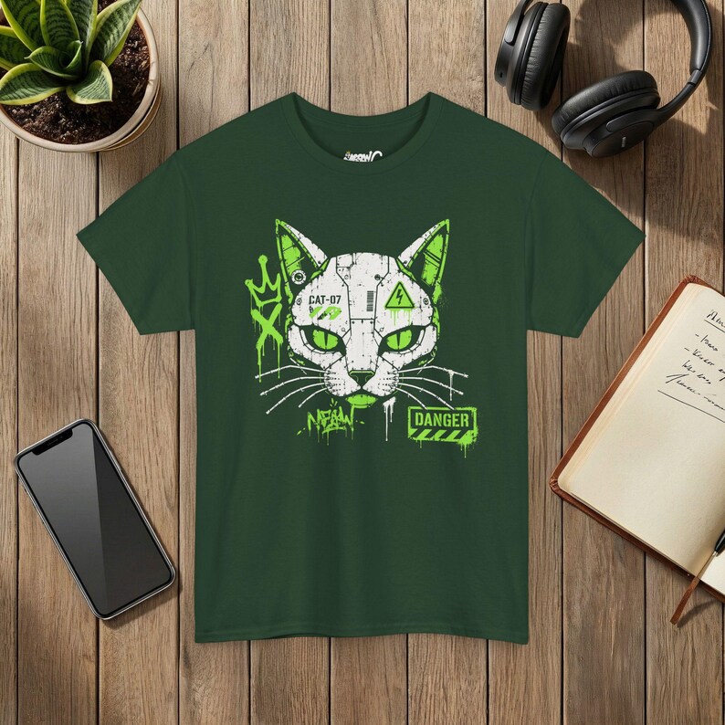 ロボット猫Tシャツ、サイバーパンクグラフィティメカグラフィックTシャツ、ストリートウェア猫好きシャツ 画像 5