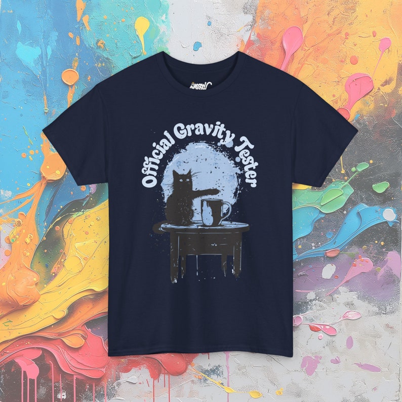 Funny Cat Gravity Tester T-Shirt: Science Humor Gift Navy