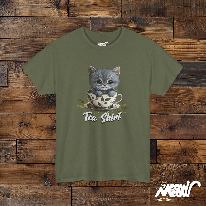 Kitten in Teacup T-Shirt – Funny Cat Lover Graphic Tee Military Green