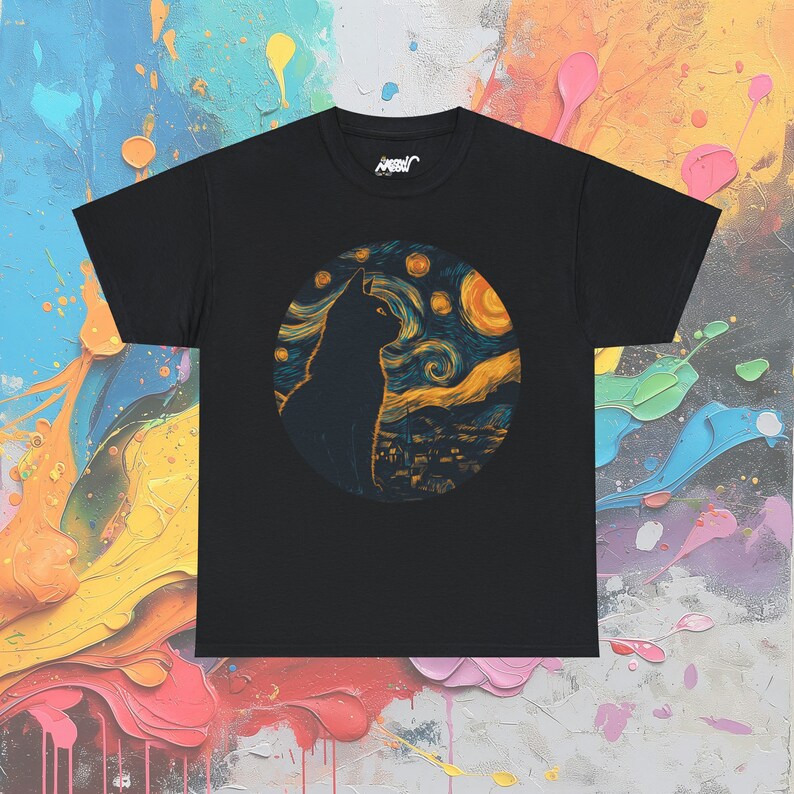 T-shirt chat nuit étoilée : t-shirt artistique inspiré de Van Gogh Black