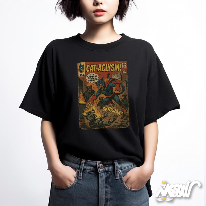 Pu&ograve; includere: T-shirt nera con grafica a fumetti con il titolo "CAT-ACLYSM!" e un gatto supereroe in azione. Il design include i testi "SKRRRAK!" e "CAT-TANA SAVES THE FANG FURY!"