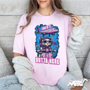Funny Cat Travel T-Shirt: Jetsetter Cat on Scooter, Comfort Colors Tee Blossom