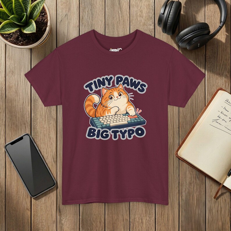 Tiny Paws Big Typo Cat T-Shirt, Keyboard Cat, Gildan 5000 Maroon