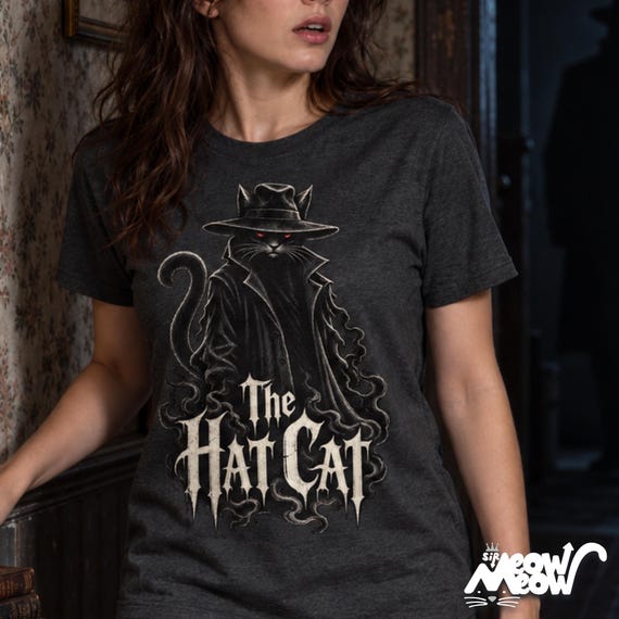 The Hat Cat Gothic T-Shirt, Spooky Halloween Cat Lover Tee