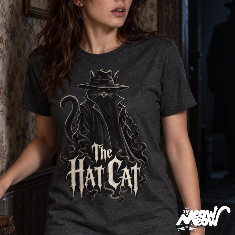 The Hat Cat Gothic T-Shirt, Spooky Halloween Cat Lover Tee image 1