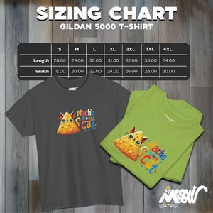 May include: A sizing chart for Gildan 5000 T-shirts, showing measurements in inches for length and width, for sizes S through 4XL. The chart is displayed on a wooden surface with two t-shirts featuring a cat wearing a nacho costume.