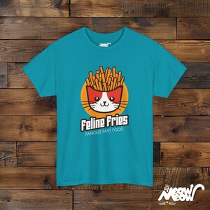Feline Fries T-Shirt: Funny Cat Fast Food Tee Tropical Blue