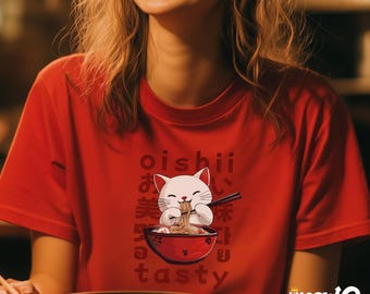 Kawaii Ramen Cat T-Shirt - Cute Japanese Foodie Gift - Adorable Cat Eating Ramen Unisex Tee
