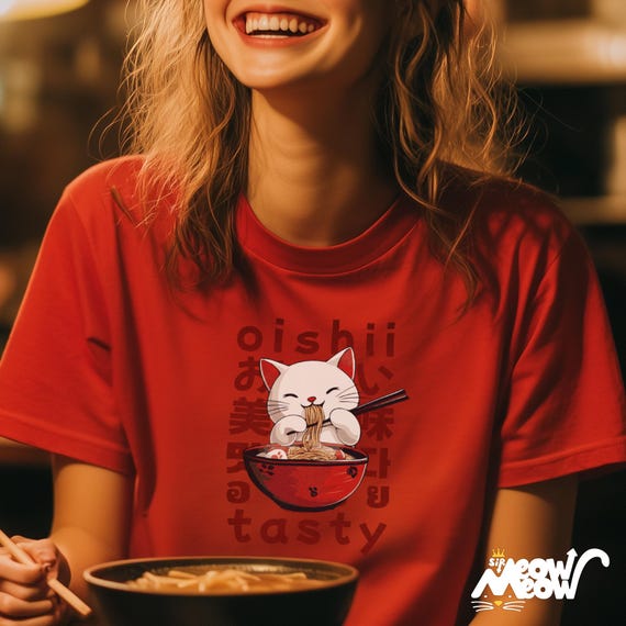 Kawaii Ramen Cat T-Shirt, Japanese Anime Foodie Gift