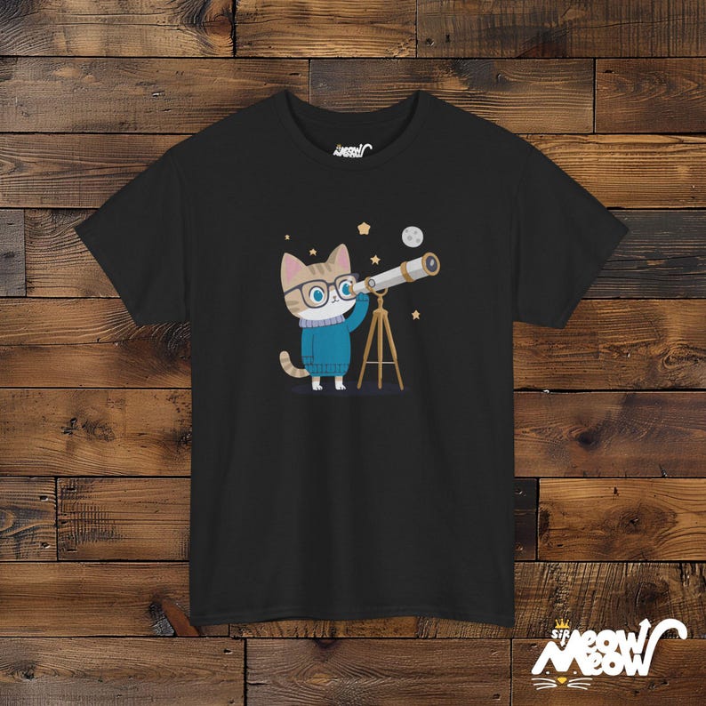 Cat Astronomer T-Shirt – Stargazing Kitty, Science Lover Gift Black