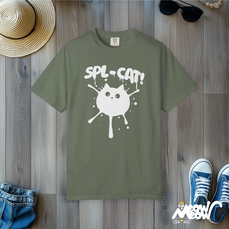 Splat Cat Comfort Colors Shirt: Funny Ink Splatter Tee Moss