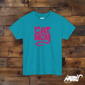 Neon Cat Mom T-Shirt: Retro Bubble Letter Design Tropical Blue