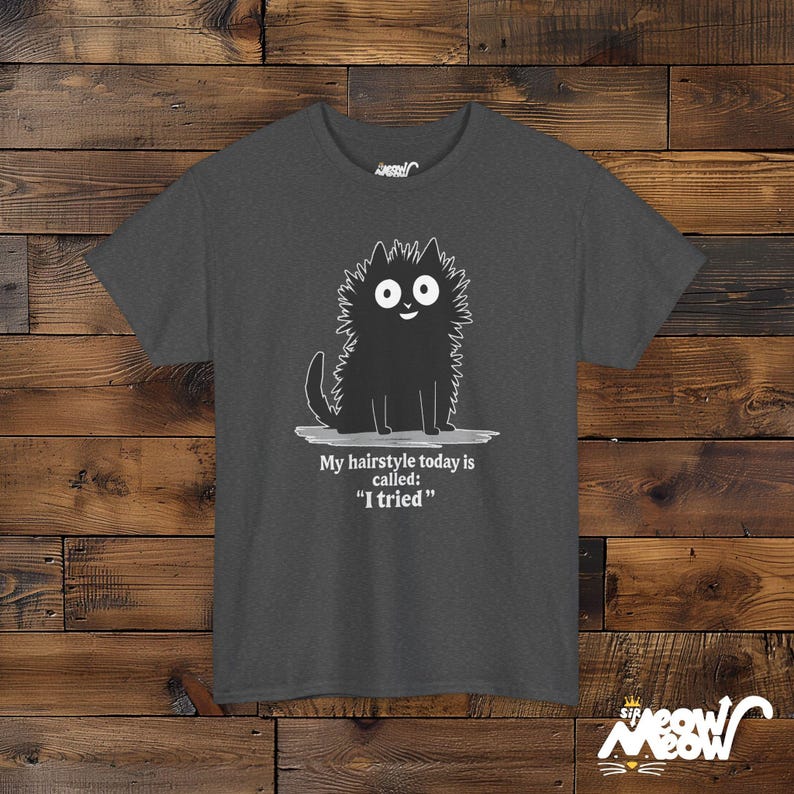 Funny Cat T-Shirt: Bad Hair Day, I Tried - Unisex Cotton Tee Dark Heather