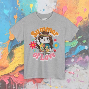 Hippie Cat T-Shirt: 60s Flower Power Groovy Tee Sport Grey