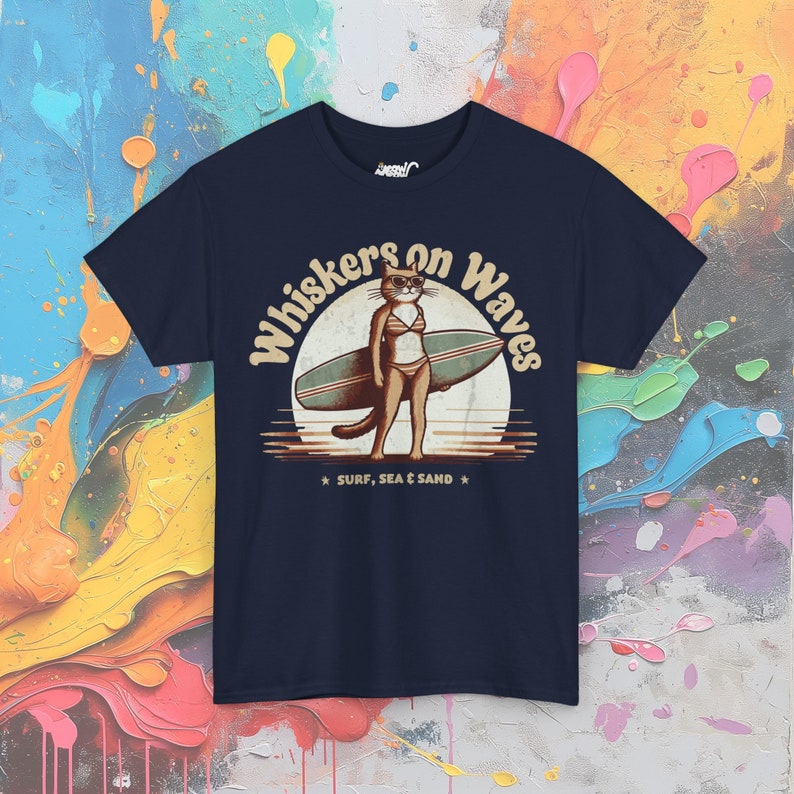 Camiseta de gato surfero: Bigotes en las olas, playera para amantes de la playa Navy
