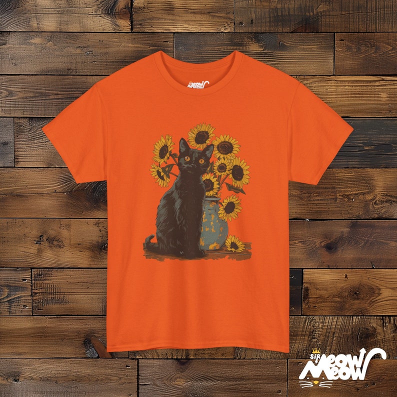 Van Gogh Sunflowers Black Cat T-Shirt | Famous Painting Unisex Shirt | Gift for Art Lovers Orange