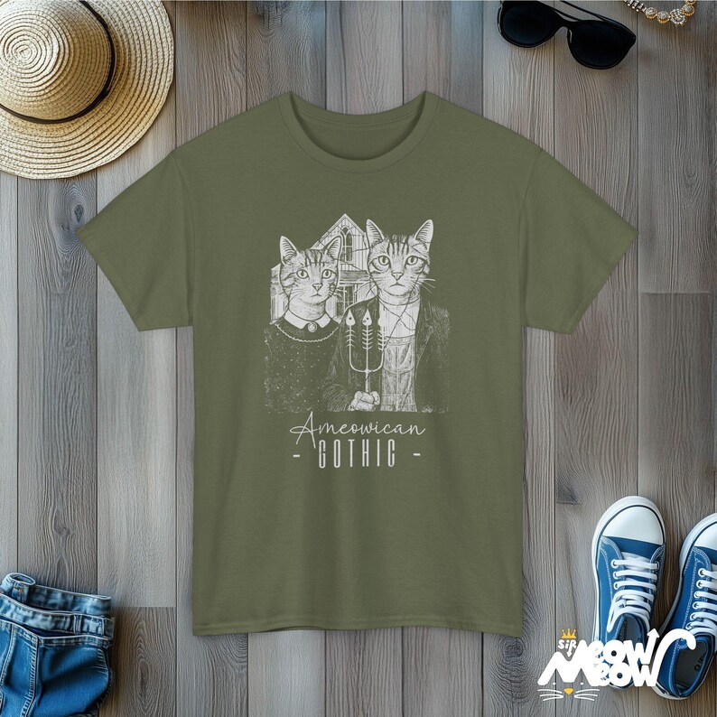 Ameowican Gothic Cat T-Shirt: Funny Art Parody Tee Military Green