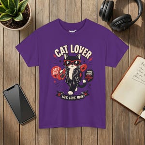 Punk Cat Graphic Tee, Edgy Cat Lover Shirt, Live Love Meow, Unisex Pet Top image 9