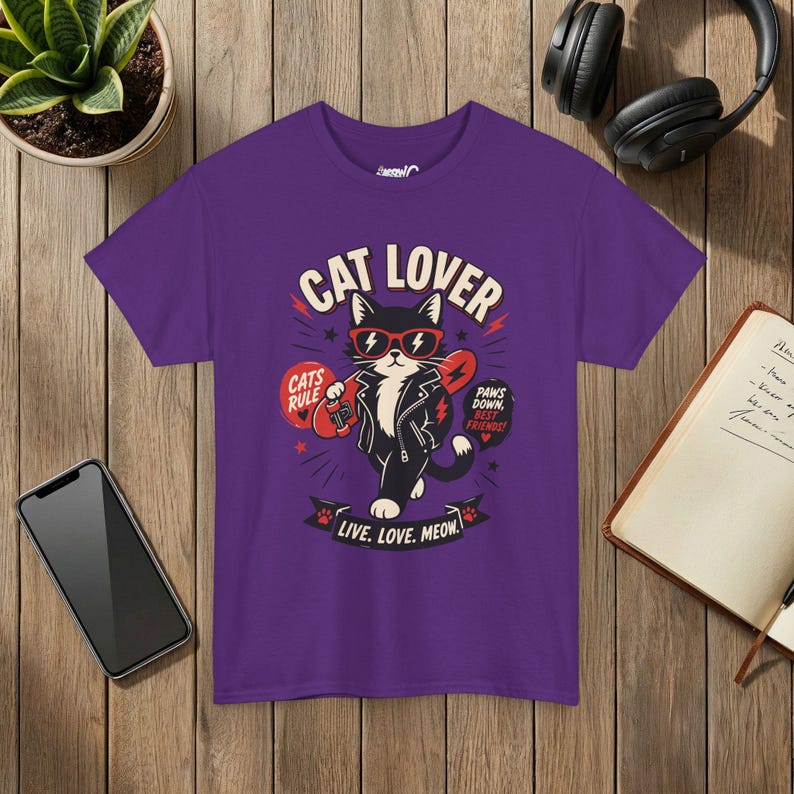 Punk Cat Graphic Tee, Edgy Cat Lover Shirt, Live Love Meow, Unisex Pet Top image 9