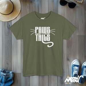 Cat Lover T-Shirt: Paws and Tails Graphic Tee, Feline Fan Gift Military Green