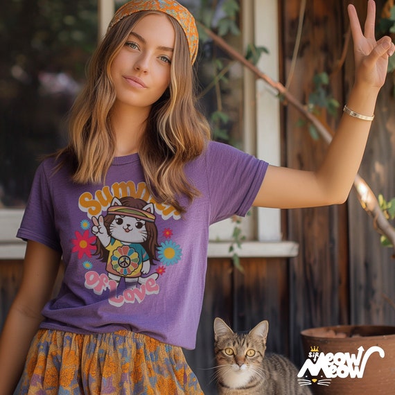 Hippie Cat T-Shirt: 60s Flower Power Groovy Tee