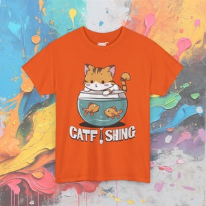 Catfishing Pun T-Shirt: Funny Cat & Fish Graphic Tee Orange