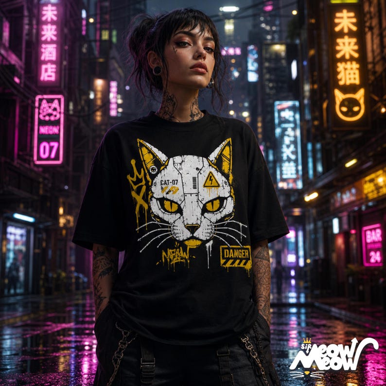 ロボット猫Tシャツ、サイバーパンクグラフィティメカグラフィックTシャツ、ストリートウェア猫好きシャツ 画像 2