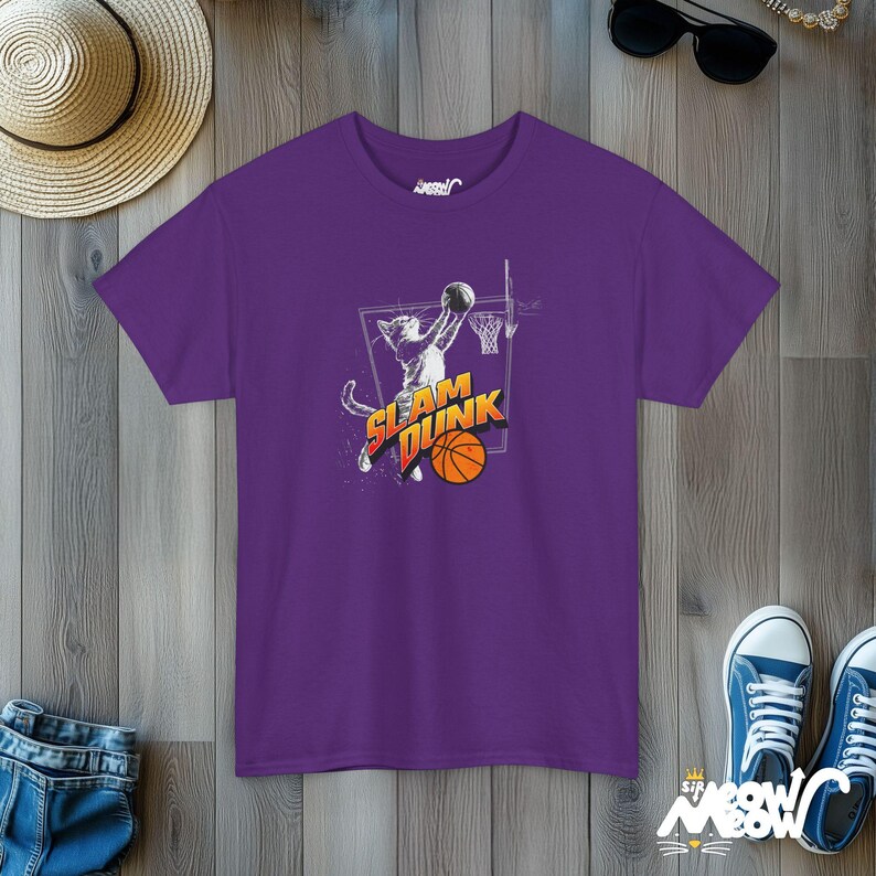 Slam Dunk Cat T-Shirt: Basketball Fan Gift Purple