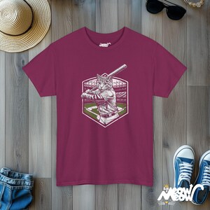 Funny Softball Cat Graphic T-Shirt: Quirky Sports Apparel Berry