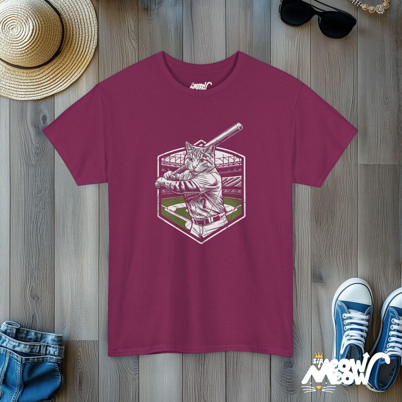 Funny Softball Cat Graphic T-Shirt: Quirky Sports Apparel Berry