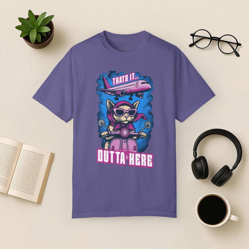 Funny Cat Travel T-Shirt: Jetsetter Cat on Scooter, Comfort Colors Tee Grape