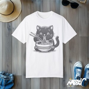 Kawaii Cat Eating Ramen T-Shirt: Comfort Colors Tee, Gift for Cat Lovers White