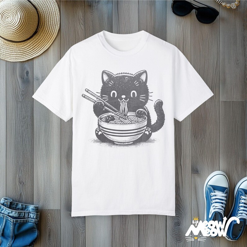 Kawaii Cat Eating Ramen T-Shirt: Comfort Colors Tee, Gift for Cat Lovers White