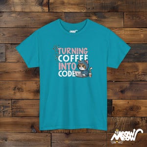Turning Coffee Into Code Cat Programmer T-Shirt - Funny Gift for Coders and Coffee Lovers Tropical Blue