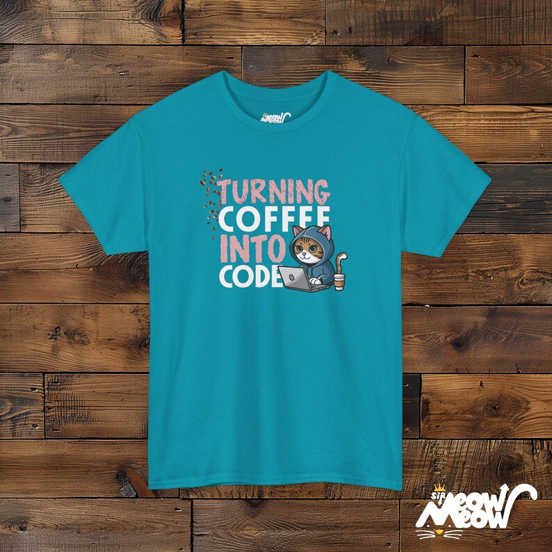 Turning Coffee Into Code Cat Programmer T-Shirt - Funny Gift for Coders and Coffee Lovers Tropical Blue