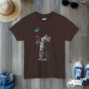 Kitten and Butterfly Graphic T-Shirt, Cat Lover Tee Dark Chocolate