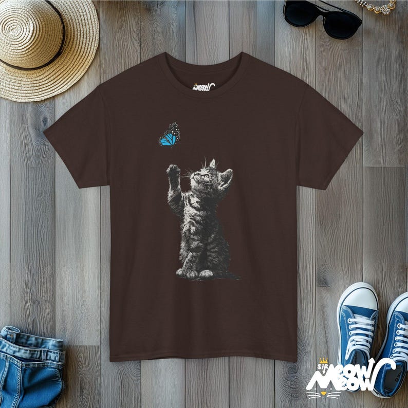Kitten and Butterfly Graphic T-Shirt, Cat Lover Tee Dark Chocolate