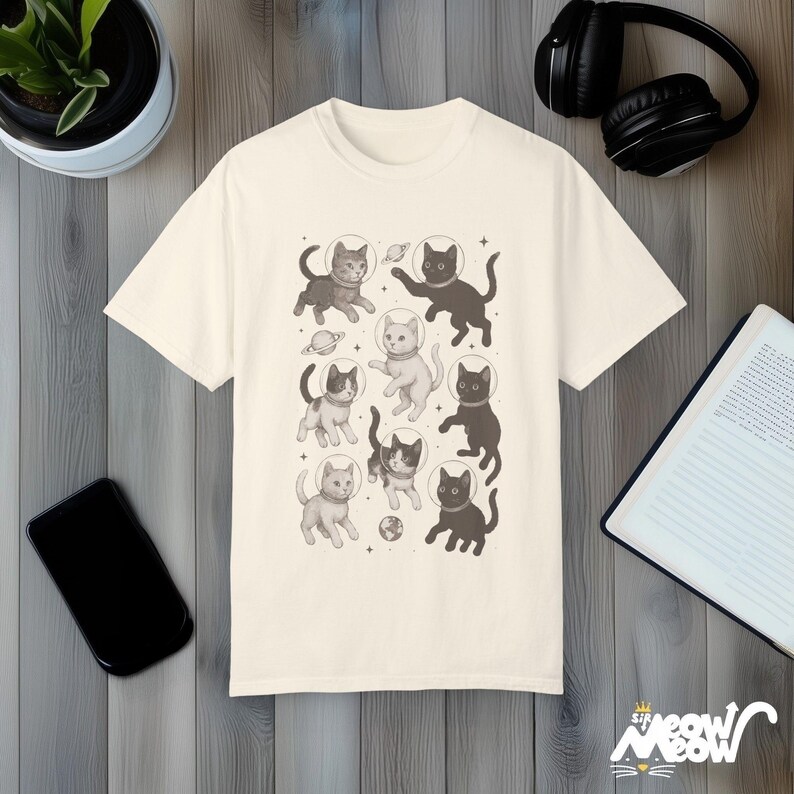 Space Cats T-Shirt: Cosmic Kitty Astronaut Graphic Tee Ivory
