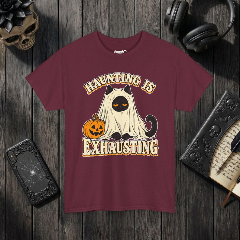 Funny Cat Ghost Shirt, Haunting Is Exhausting Halloween Tee, Retro Spooky Season Gift Maroon