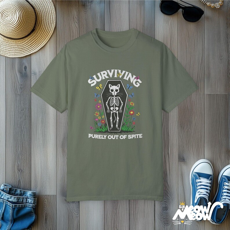Skeleton Cat T-Shirt: Funny Dark Humor Comfort Colors Tee Moss