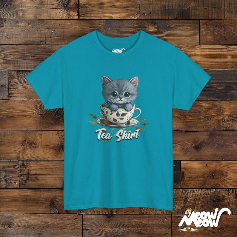 Kitten in Teacup T-Shirt – Funny Cat Lover Graphic Tee Tropical Blue