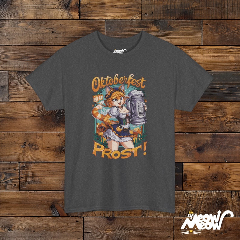 Oktoberfest Cat Girl T-Shirt: Bavarian Beer Prost! Tee Dark Heather