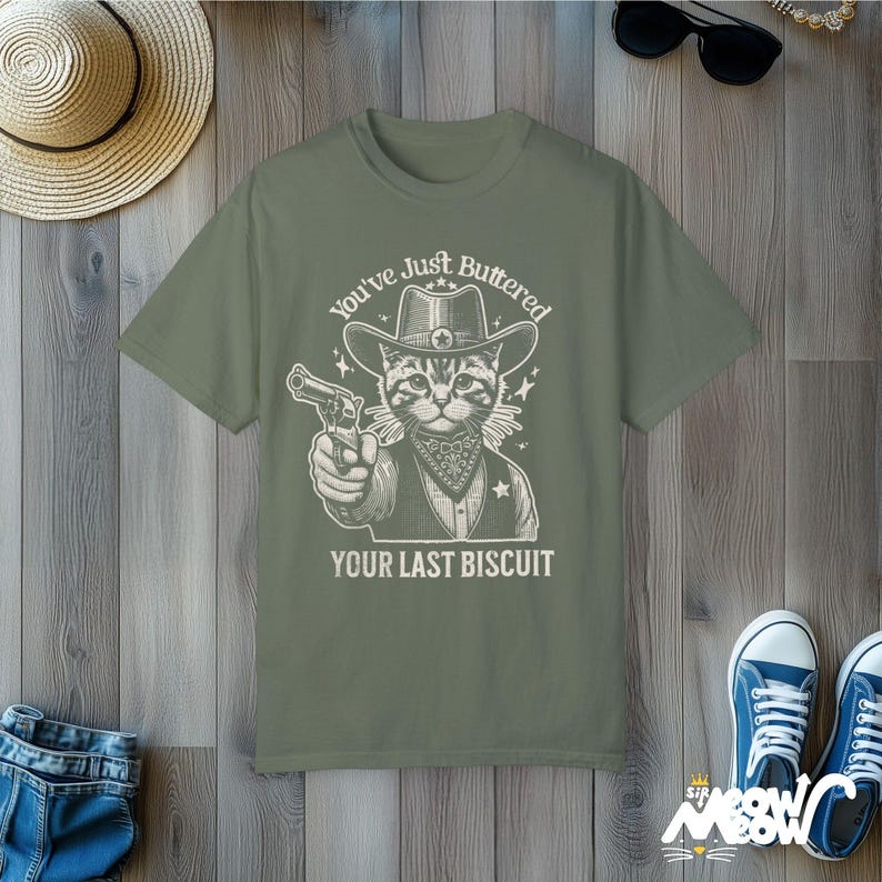 Cowboy Cat T-Shirt: Funny Western Graphic Tee - Comfort Colors Moss