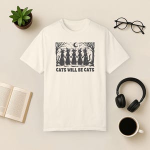 Comfort Colors Witch Cat T-Shirt, Gothic Halloween Tee Ivory