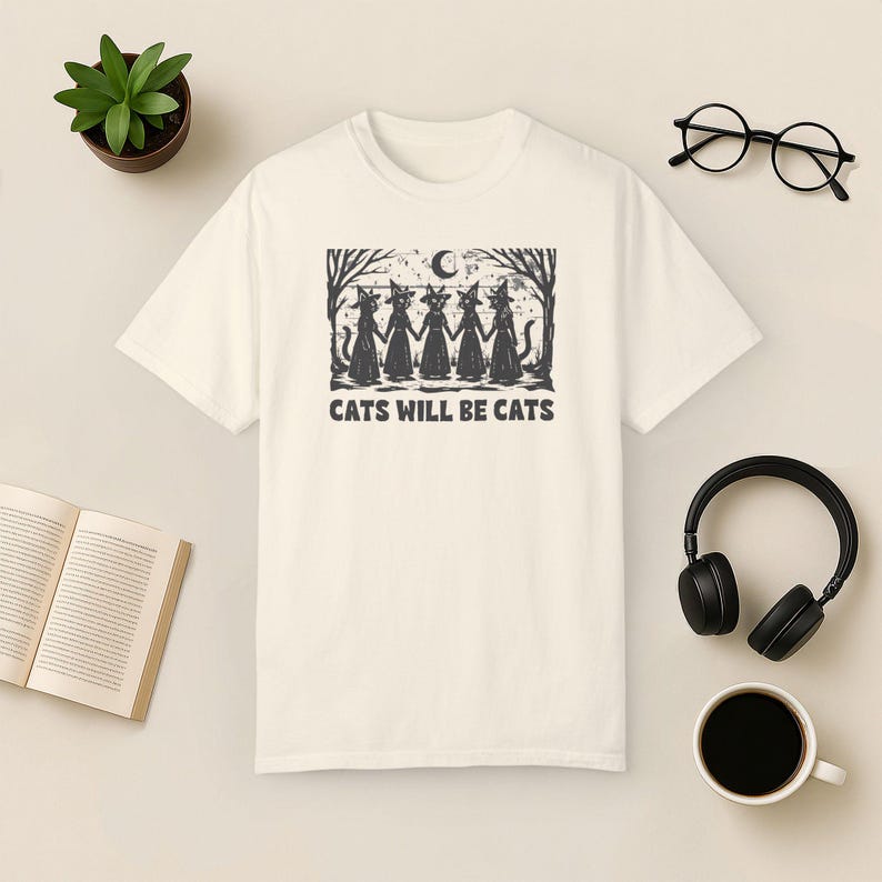 Comfort Colors Witch Cat T-Shirt, Gothic Halloween Tee Ivory