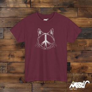 Peace Cat T-Shirt: Minimalist Retro Hippie Unisex Shirt Maroon