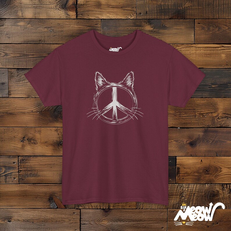 Peace Cat T-Shirt: Minimalist Retro Hippie Unisex Shirt Maroon